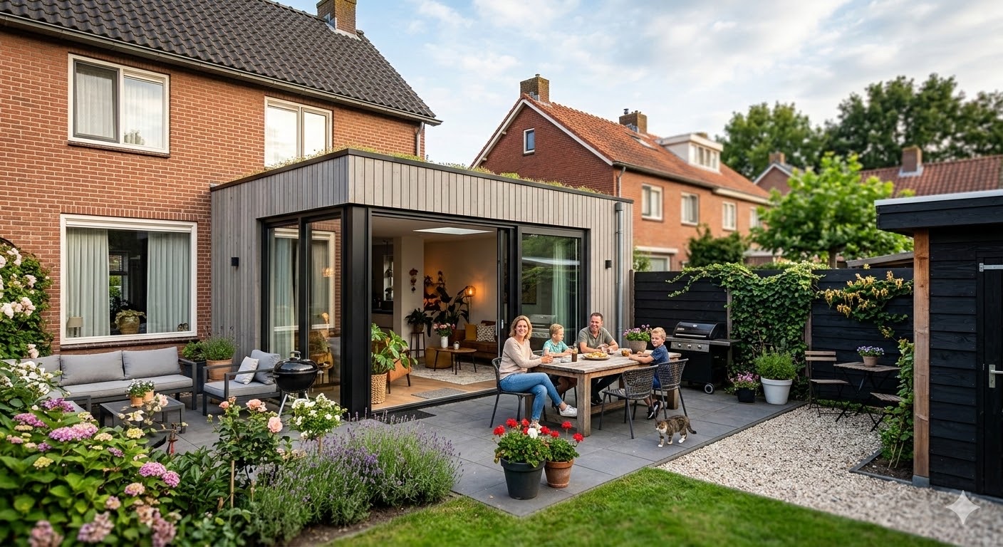 Familie geniet van hun modulaire aanbouw in een typisch Nederlandse achtertuin